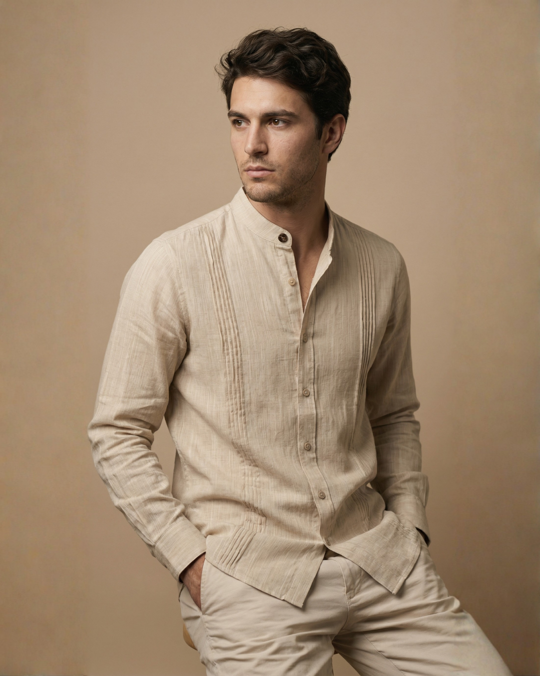 CAMISA MAO ALFORZAS BEIGE