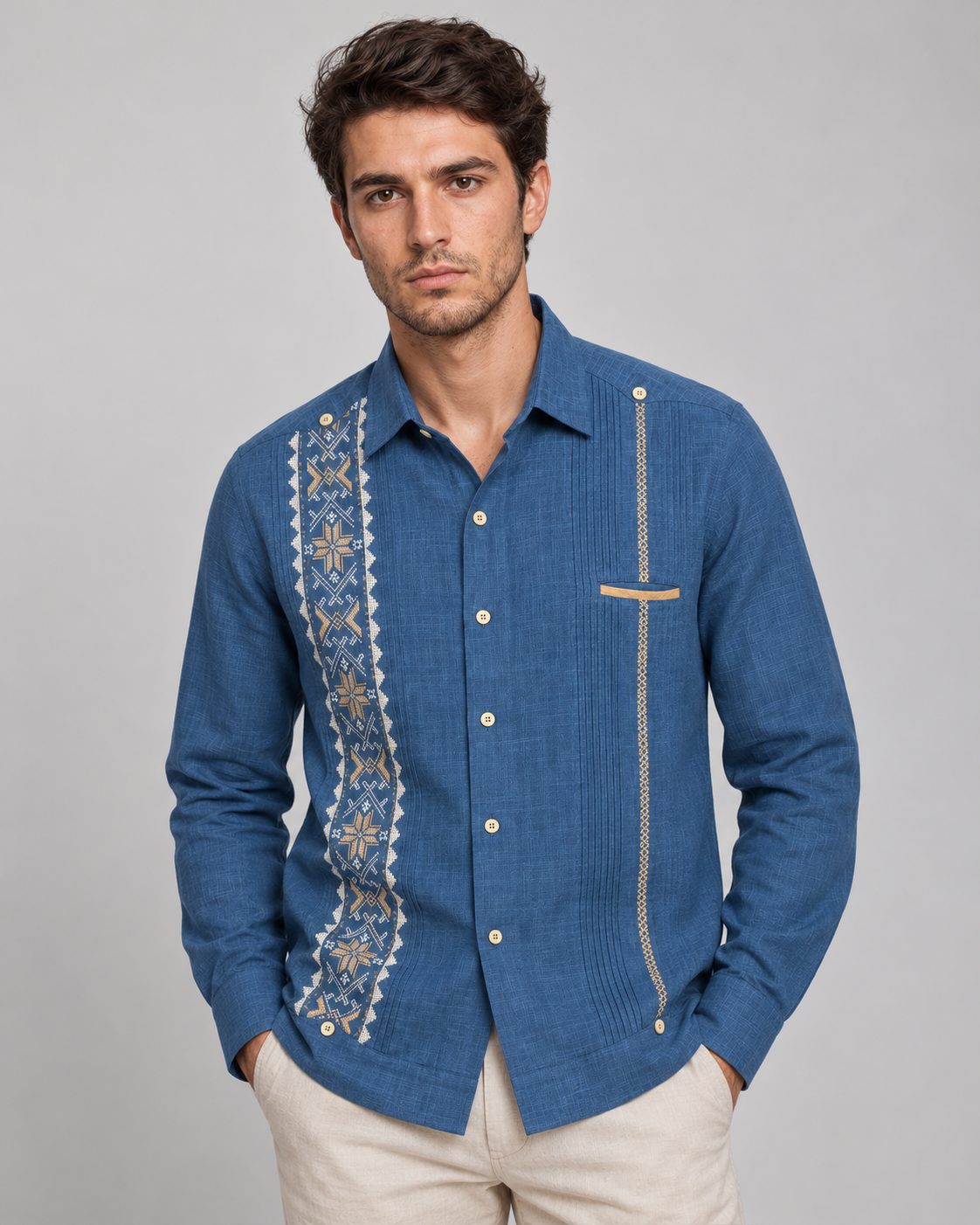 GUAYABERA KANTE AZUL MEDIO