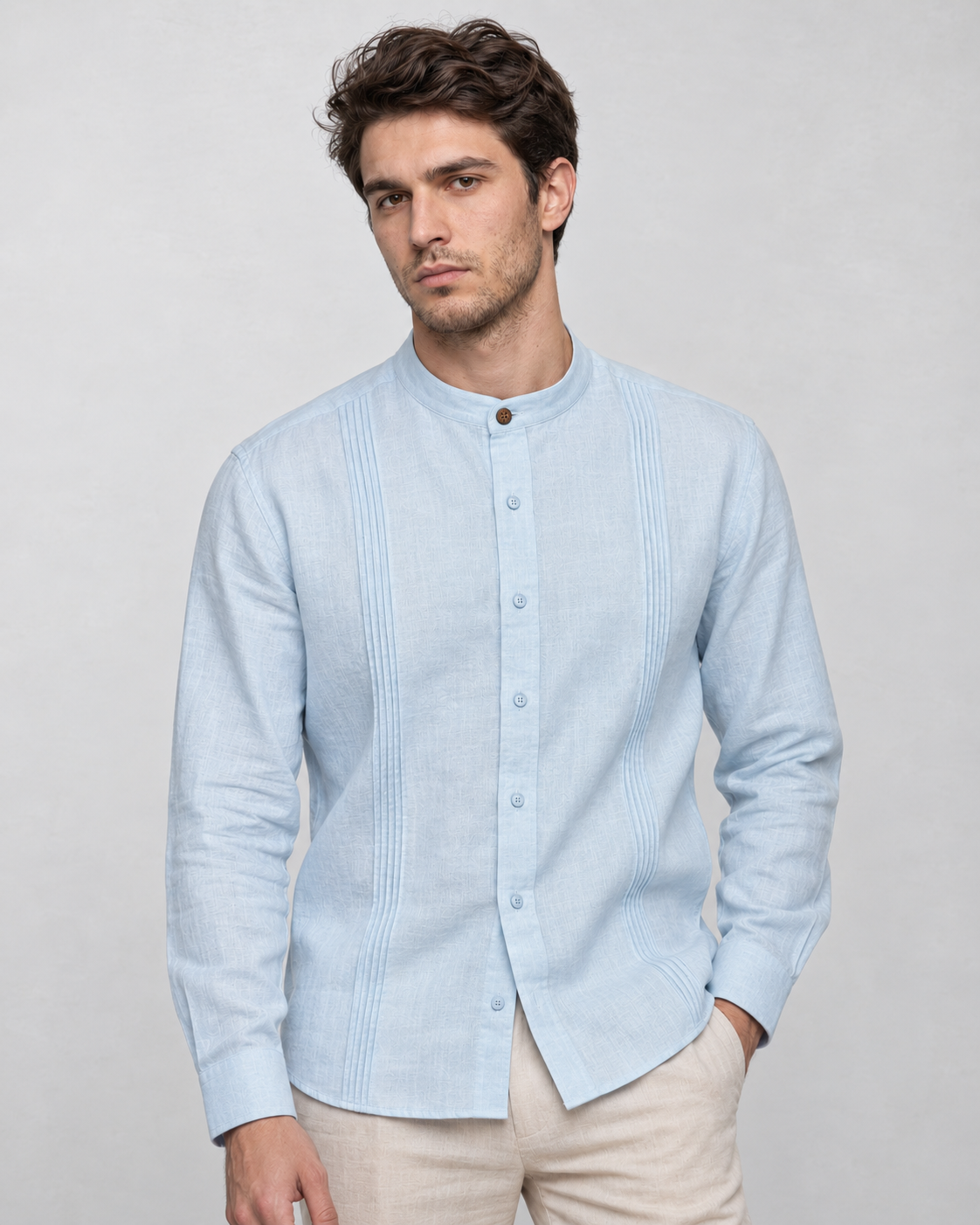 CAMISA MAO ALFORZAS CELESTE