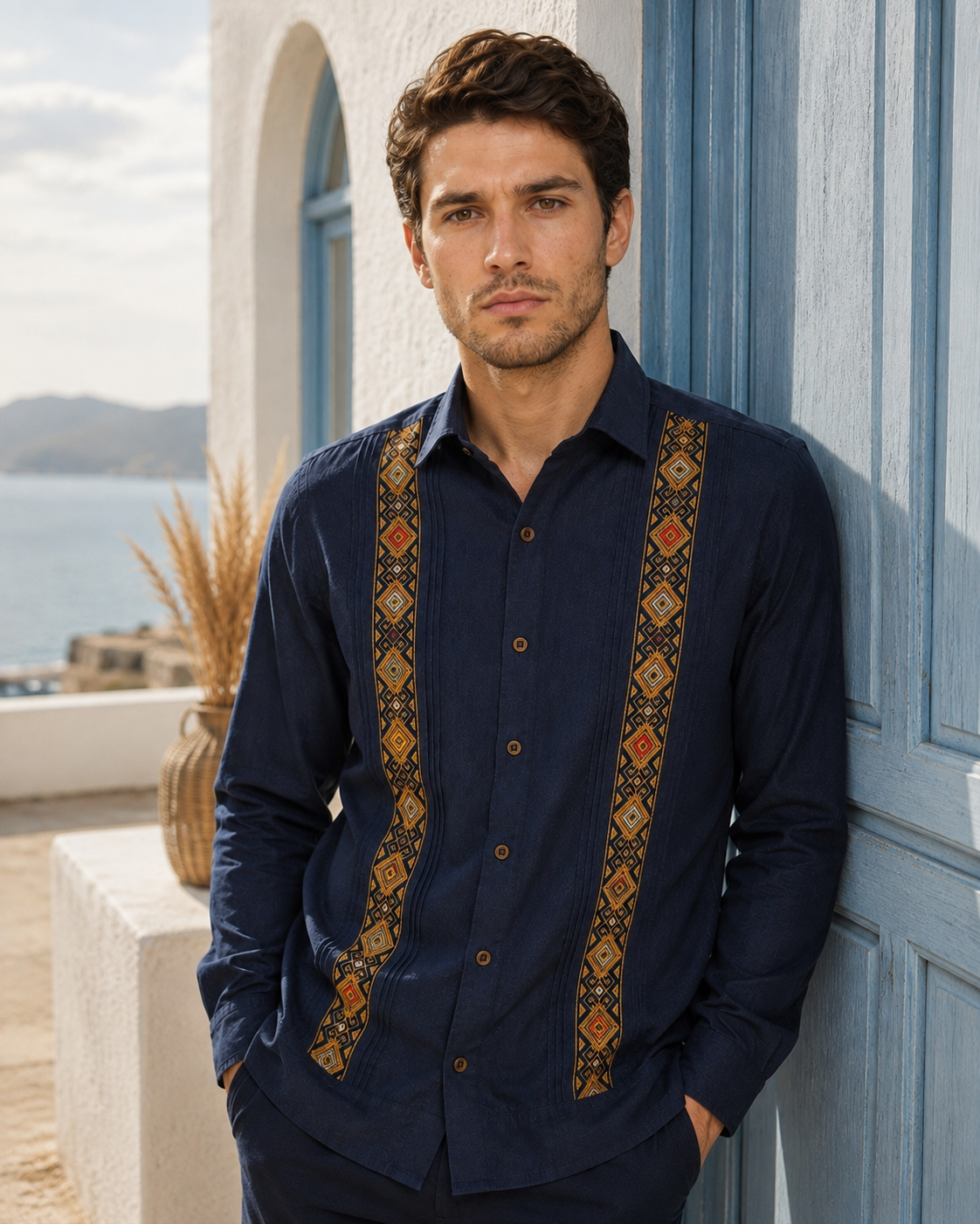 GUAYABERA YUCATECA COLORES AZUL PETROLEO